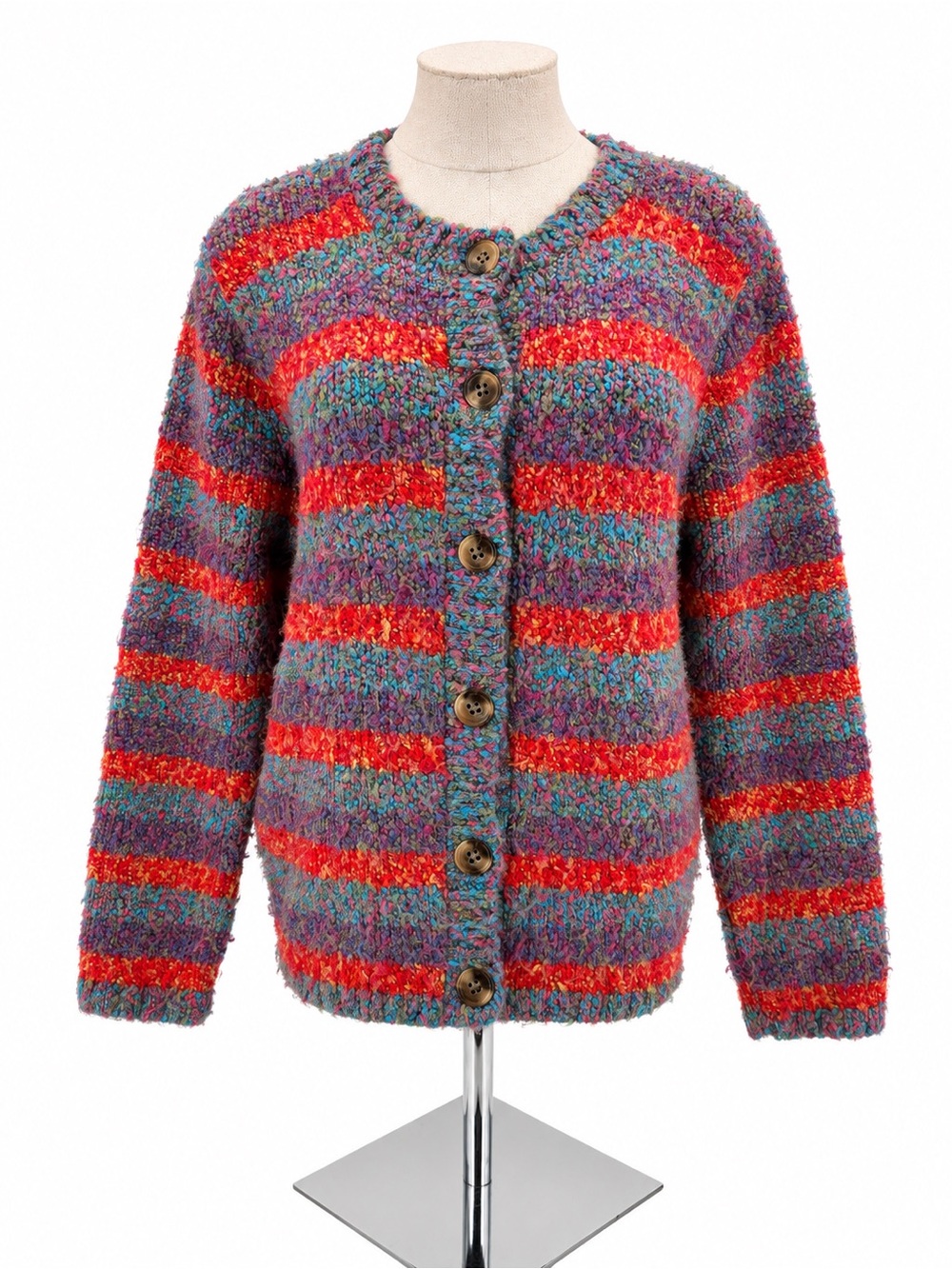Vintage Gallagher Multicolor Boucle Stripe Cardigan Large Made in USA